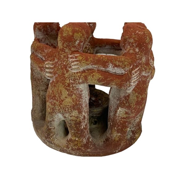VTG Rustic Handmade Terracotta Circle Of Friends Candle Holder 7" x 7" GUC 7584 - Picture 7 of 9